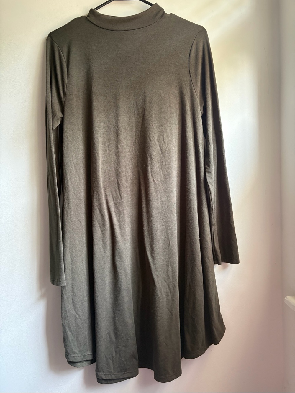 Zenana Premium Mock Neck Long Sleeve Swing Dress Army Green Size L Cozy Comfort